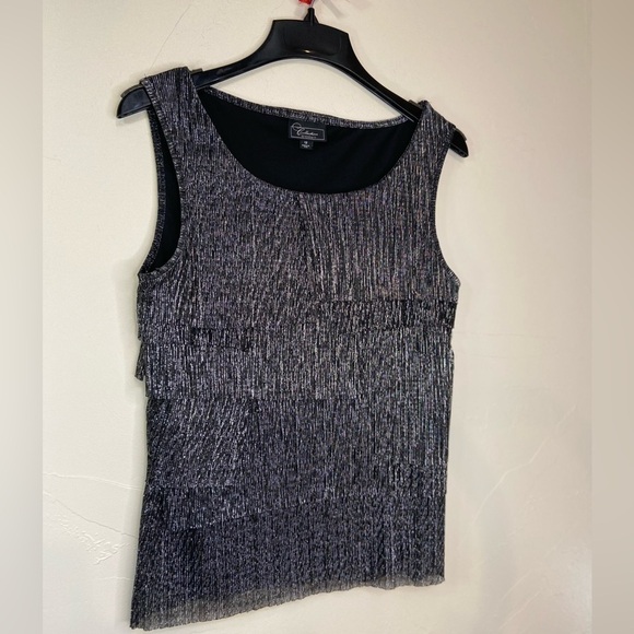 Collections Dress Barn Tops - Black & Silver Metallic~Short Sleeve~Fully Lined~Layered Look Top~Size 12